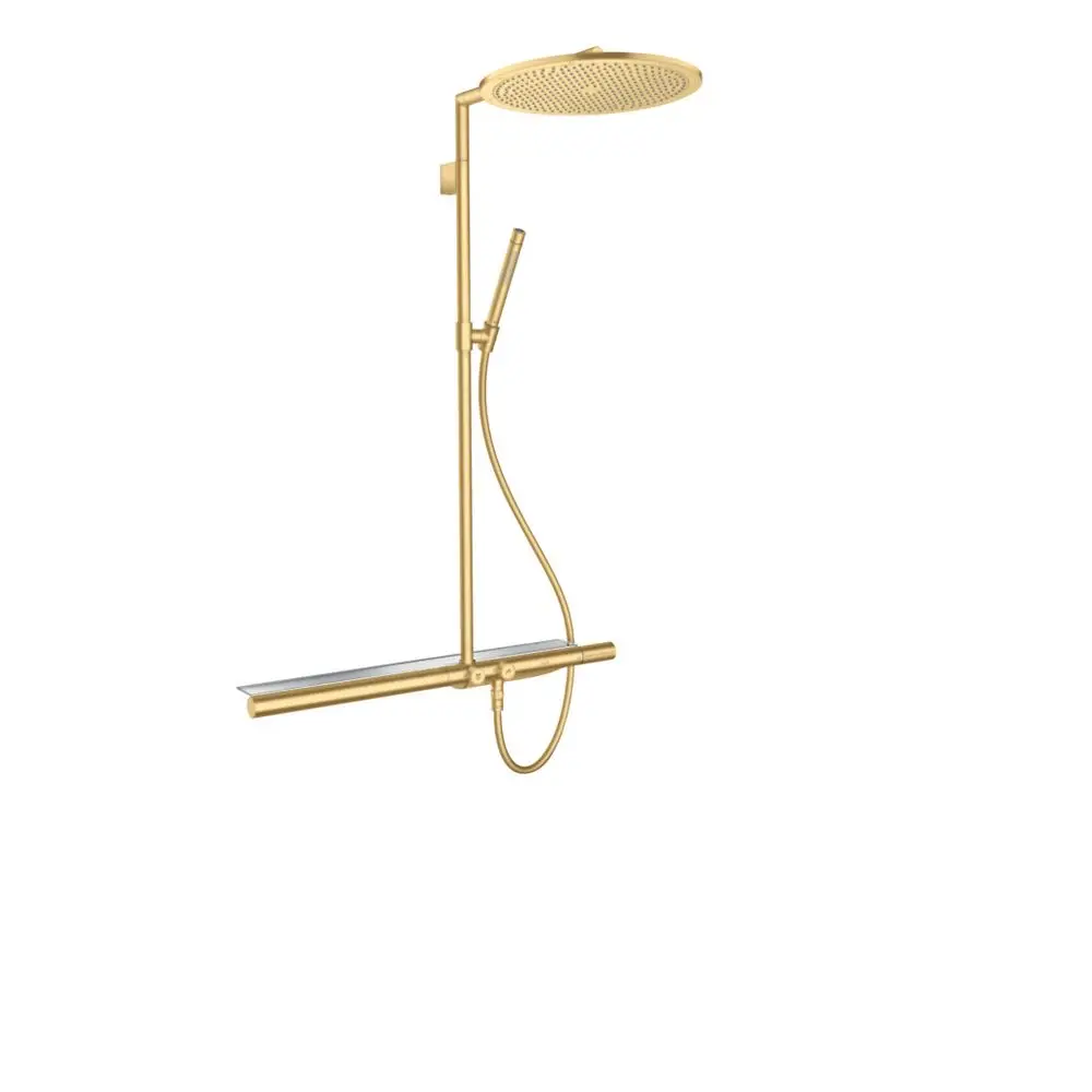 Showerpipe von AXOR mit Thermostat, Kopfbrause und Schlauch. Oberfläche in Brushed Gold Optic, minimalistische Bauform. Ideal für moderne Badezimmer.